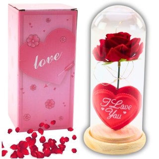 WIECZNA RÓŻA W KOPULE Z OŚWIETLENIEM LED CZERWONA Z SERDUSZKIEM 18,5x8CM