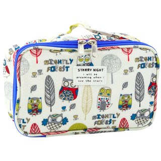 PIÓRNIK SZKOLNY ORGANIZER POJEMNY DODATKOWA KIESZONKA SOWY BIAŁY 21,5CM