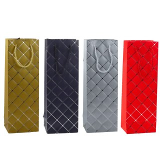 TORBA PREZENTOWA NA WINO BUTELKĘ PAPIEROWA SREBRNE ELEMENTY 35 x 12 x 9 CM