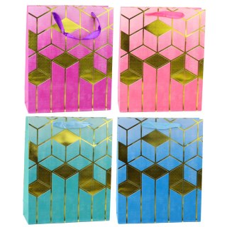 TORBA PREZENTOWA PAPIEROWA WZORY GEOMETRYCZNE ZŁOTE 32 x 26 x 12 CM