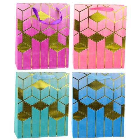 TORBA PREZENTOWA PAPIEROWA WZORY GEOMETRYCZNE ZŁOTE 32 x 26 x 12 CM