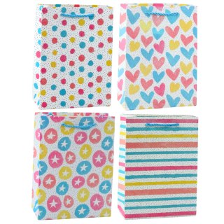 TORBA PREZENTOWA SERCA GWIAZDKI KROPKI PASKI KOLOROWE 23 x 18 x 10,5 CM