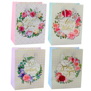 TORBA PREZENTOWA WZORY KWIATY BEST WISHES 23 x 18 x 10,5 CM