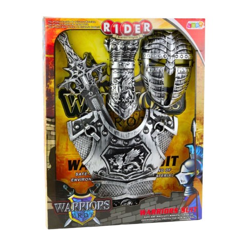 DUŻY ZESTAW RYCERSKI MASKA ZBROJA MIECZ OCHRANIACZ SREBRNY