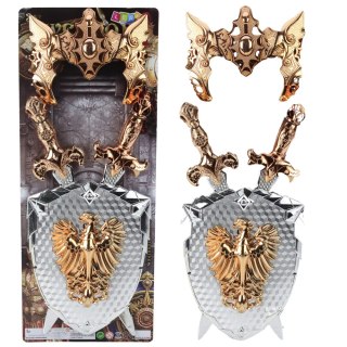 ZESTAW RYCERSKI TARCZA DWA MIECZE MASKA SREBRNY ZŁOTY ORZEŁ