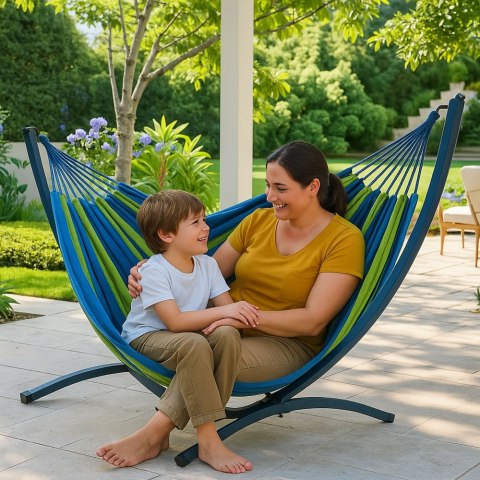 HAMAK OGRODOWY ZE STELAŻEM DWUOSOBOWY ZIELONO-NIEBIESKI 200x120