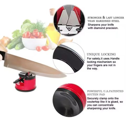 OSTRZAŁKA DO NOŻY I NOŻYCZEK Z PRZYSSAWKĄ DŹWIGNIĄ BLOKUJĄCĄ CZERWONA