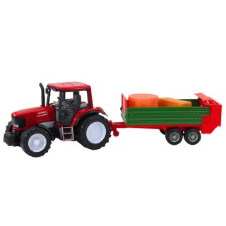 TRAKTOR ROLNICZY FARMERSKI Z ZIELONĄ PRZYCZEPĄ I SIANEM CZERWONY