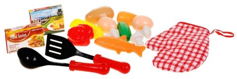 CZERWONY ZESTAW KUCHARZA DLA DZIECI 3+ GARNKI + PRZYBORY KUCHENNE + ATRAPY JEDZENIA 22 EL.