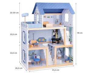 DREWNIANY BŁĘKITNY DOMEK DLA LALEK + MEBELKI 3 PIĘTRA TERAS ZA5273